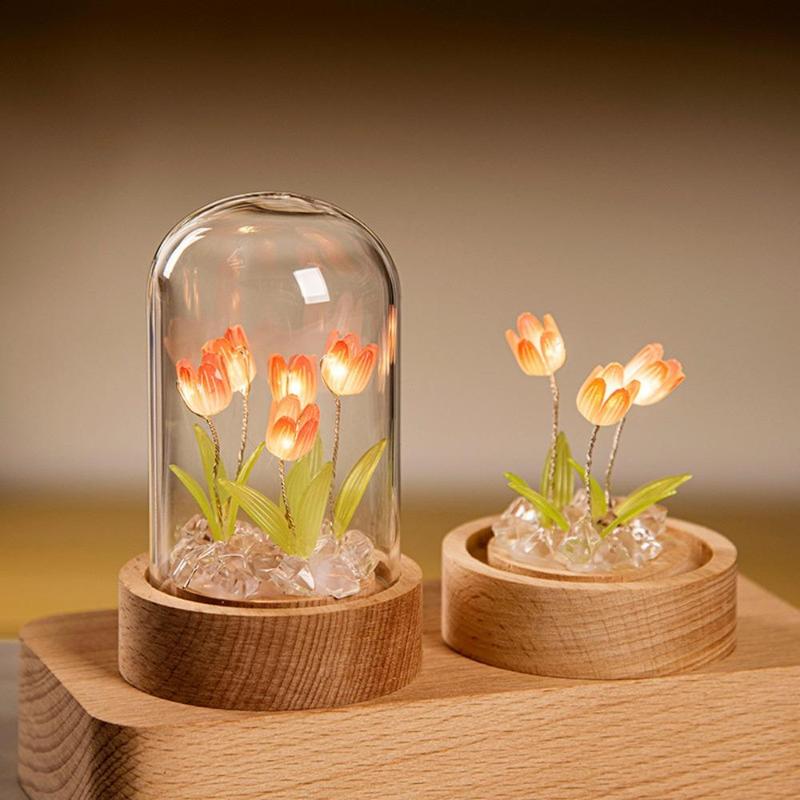 DIY Tulip Night Light, LED Decorative Light, DIY Artificial Flower In Glass Dome Table Lamp, Birthday Gift for Mom Lady Her Girlfriend Wife Sister Girl?(Battery Required, Battery Not Included)