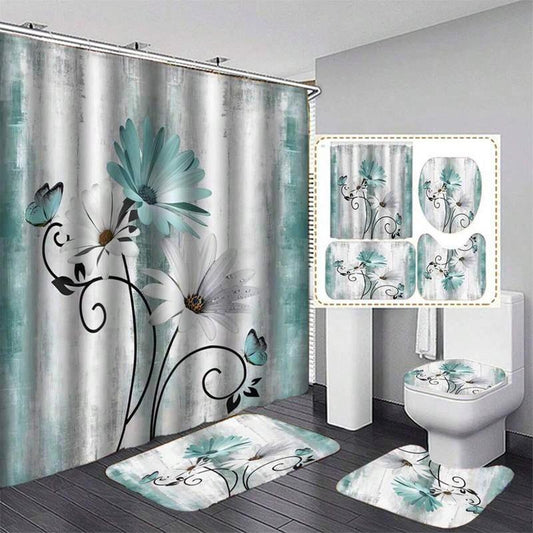 Rustic Farmhouse Bathroom Decor Set, 1 Count Shower Curtain with Hooks & 3 Counts Bath Mat Set, Floral Pattern Bathroom Accessories, Bathroom Supplies