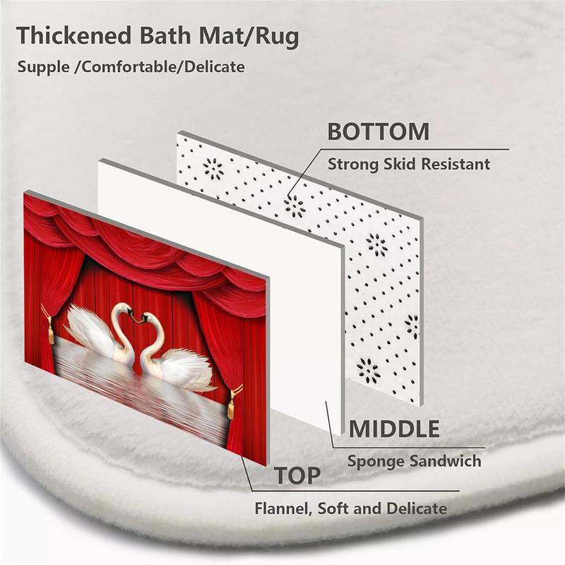 Romantic Swan Pattern Bathroom Curtain Set, 4 Counts/set Including Shower Curtain with 12pcs Hook, Toilet Lid Cover, U-shaped & Rectangular Mat, Bathroom Decor Set