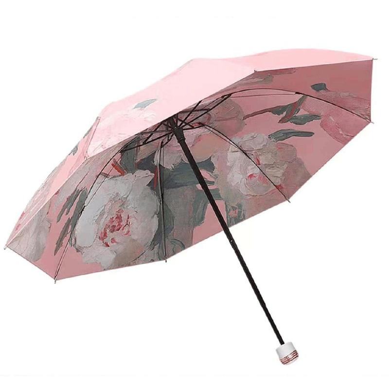 1 Piece Floral Pattern Folding Umbrella, Pink Flower Design Foldable Umbrella, Portable Sunny and Rainy Day Dual Use Manual Folding Umbrella, Home Supplies for Daily Use