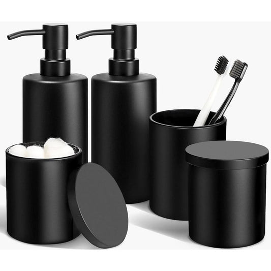 Matte Black Bathroom Accessories Set, 5 Pcs Bathroom Accessories Set, Glass Soap Dispenser and Toothbrush Holder Set, Qtip Holder and Cotton Ball Holder, Modern Bathroom Decor Sets