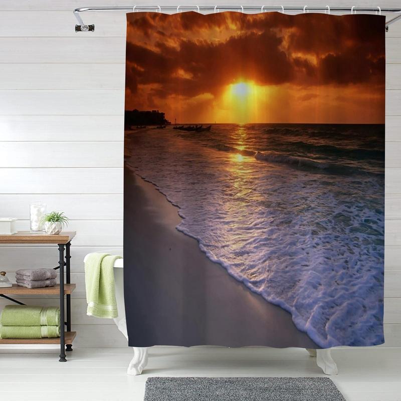 Romantic?Sunset Beach Pattern Shower Curtain, Waterproof Bathroom Curtain with Hooks, Bathroom Accessories, Home Decoration