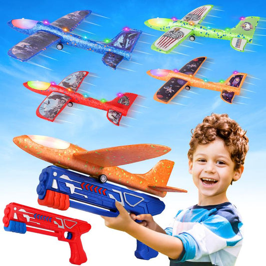 4+2 Aircraft Launcher Toys, 4 LED Foam Glider Planes with Stickers and 2 Launchers, Outdoor Flying Toys, Birthday Gifts for Boys Girls Aged 4-8