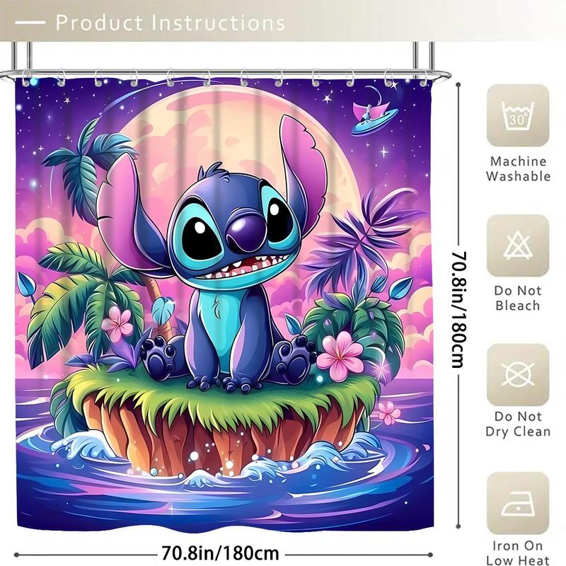 Stitch Pattern Bathroom Decorations, 1 Count/4 Counts Bath Curtain, U-shaped Commode Contour Rug, Bath Mat, Toilet Lid Cover, Bathroom Supplies