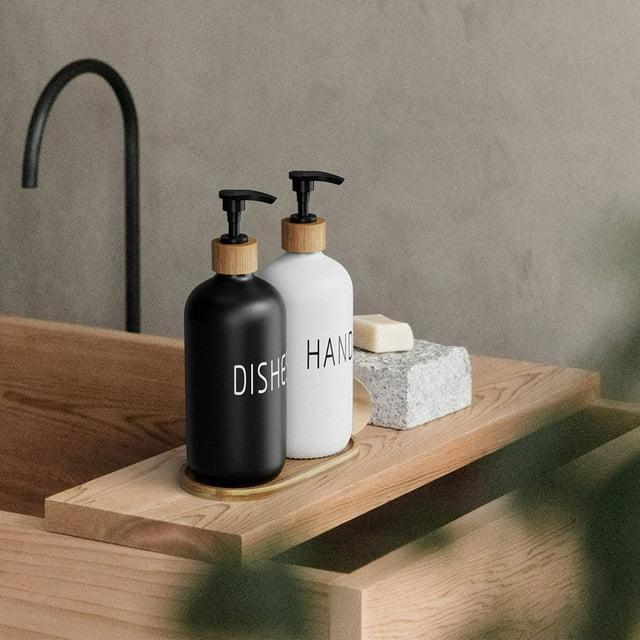 Glass Soap Dispenser Set, Contains Glass Hand Soap Dispenser and Glass Dish Soap Dispenser with Wooden Base Suitable for Black and White Kitchen Decor