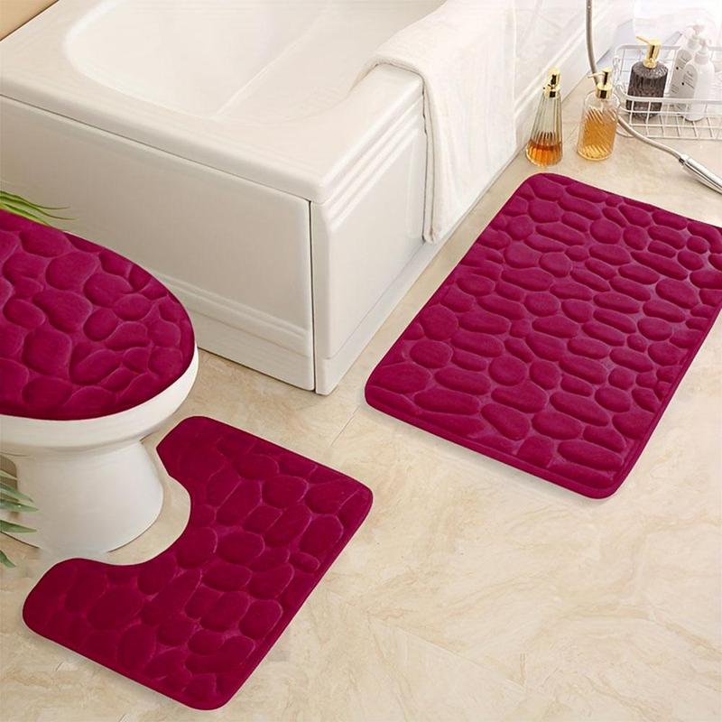 Cobblestone Pattern Bathroom Mat Set, 3pcs Solid Color Non-slip Soft Bathroom Mat Set, Bathroom Mat, U-shaped Toilet Rug, Toilet Lid Cover, Water Absorbent Bathroom Rug, Bathroom Accessories