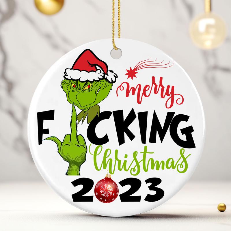 Grinch Ornament Gifts For Christmas Tree Decorations, Merry Grinchmas Ornaments 2023, Mean Green Guy Christmas Gift, Xmas Holiday Party Gifts For Family Friends Keepsake Circle Ceramic Ornament