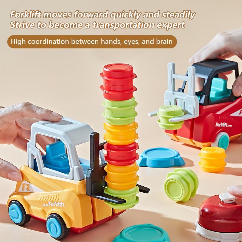 Crazy Forklift Stacking Game, 1 Set Colorful Stacking Game Toy, Including 2 Cars & 18 Barrels & 18 Question Cards & 2 Bases & 1 Bell, Interactive Game