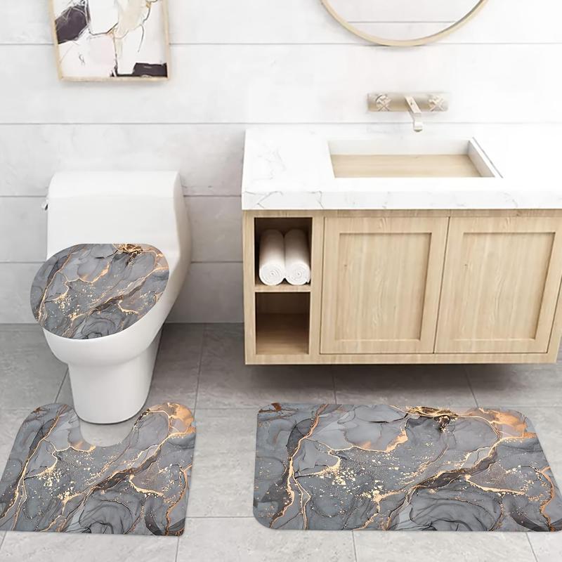 Marble Pattern Bathroom Set, 4 Counts/set Including 1 Decorative Bath Curtain & 1 Toilet Lid Mat & 1 U-shaped Mat & 1 Bath Mat, Bathroom Gadgets 2024, Bathroom Decor Set