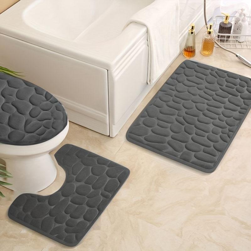 Cobblestone Pattern Bathroom Mat Set, 3pcs Solid Color Non-slip Soft Bathroom Mat Set, Bathroom Mat, U-shaped Toilet Rug, Toilet Lid Cover, Water Absorbent Bathroom Rug, Bathroom Accessories