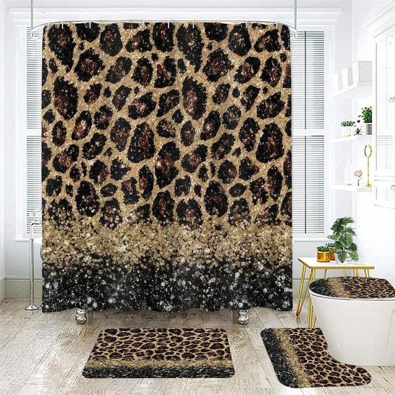 Leopard Print Bathroom Decor, 4pcs/set Innovative Non-slip Waterproof Shower Curtain & Toilet Lid Cover Pad & Thickened Toilet U-shape Mat & Toilet Lid Pad, Bathroom Accessories for Home Hotel Salon