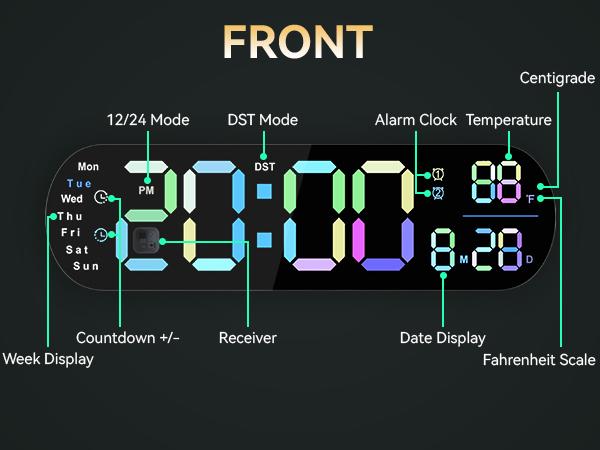 Sailstar Large Digital Wall Clock with Remote, 13.7" Large Display LED Alarm Clock with Time Date Temp Week, Desk Clock with Countdown Function, 12/24H, Adjustable Brightness for Living Room Decor Light Rgb
