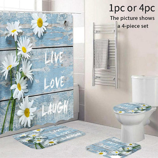 Vintage Sunflower & Letter Pattern Bathroom Curtain, Bathroom Curtain Set, Bathroom Decorative Curtain, Bath Curtain for Home Bathroom