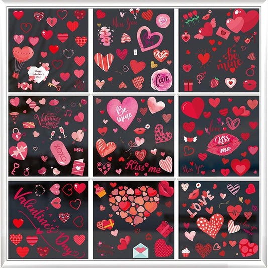 Static Window Sticker, 9pcs/set Romantic Heart Series Double Sided Design Glass Window Background Decoration Stickers for Home Party