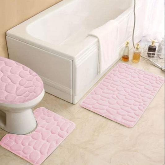 Cobblestone Pattern Bathroom Mat Set, 3pcs Solid Color Non-slip Soft Bathroom Mat Set, Bathroom Mat, U-shaped Toilet Rug, Toilet Lid Cover, Water Absorbent Bathroom Rug, Bathroom Accessories