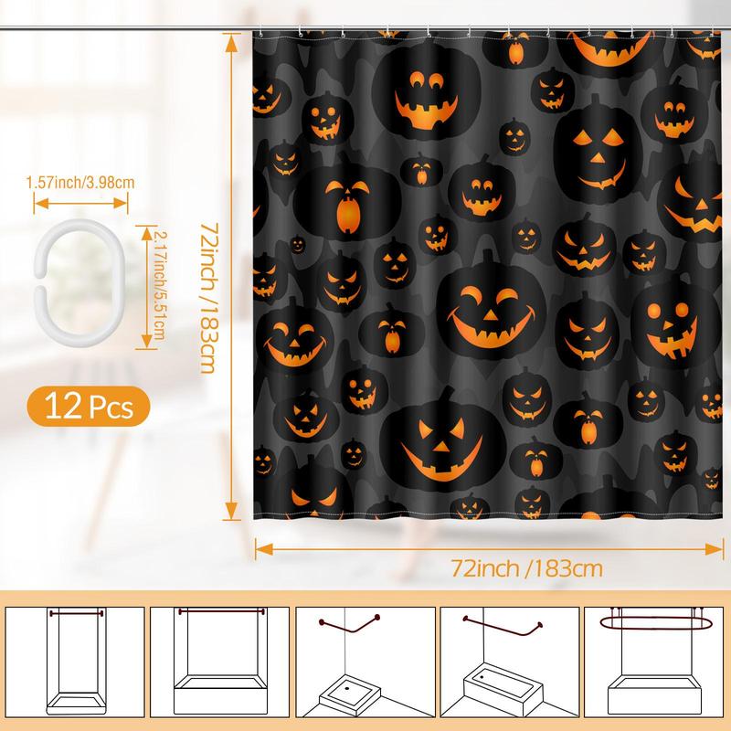 Halloween Themed Shower Curtain, Skull & Pumpkin & Castle Pattern Bathroom Curtain with 12pcs Hooks, Waterproof Shower Curtain for Bathroom Decor