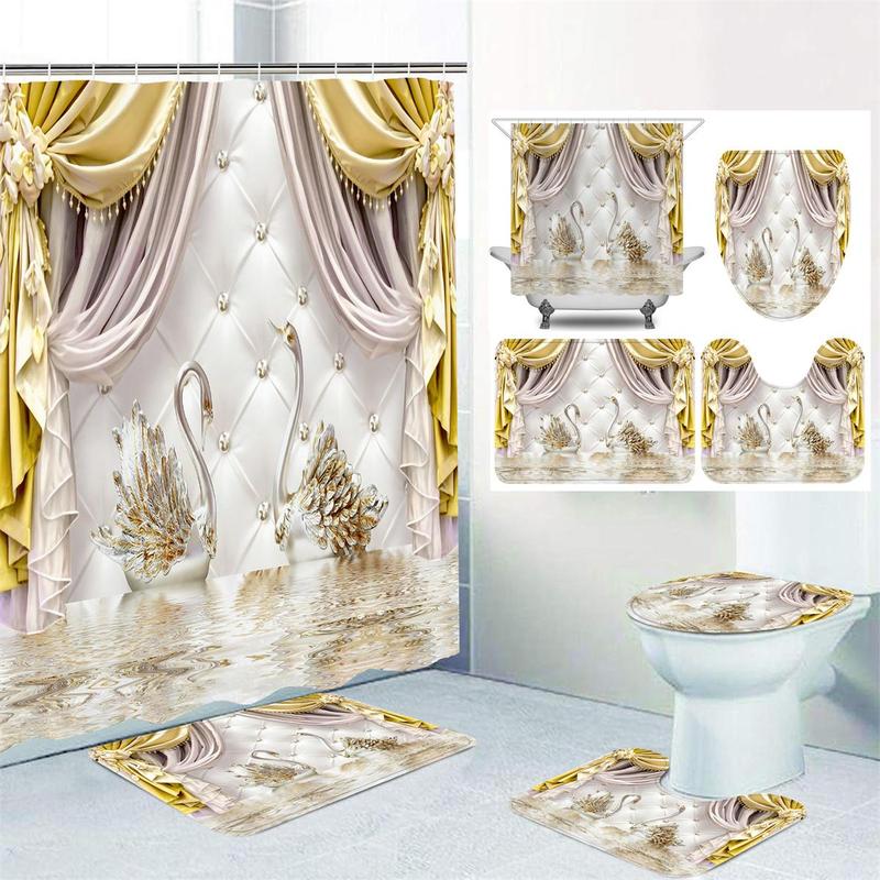 Swan Pattern Curtain Set, 4 Counts/set Including 3 Counts?Mats and 1 Count?Waterproof Shower Curtain with 12pcs Hooks, Bathroom Set