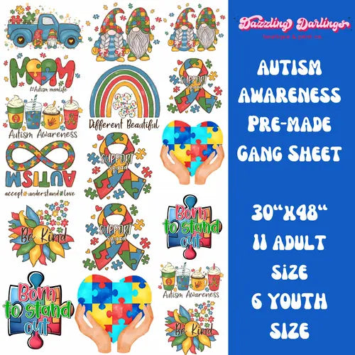 Autism Awareness Youth and Adult Sizes 30x48 Pre-Made Dtf Print Direct to Film Gang Sheet Autism Mom Puzzle Sunflower Kindness Be Kind