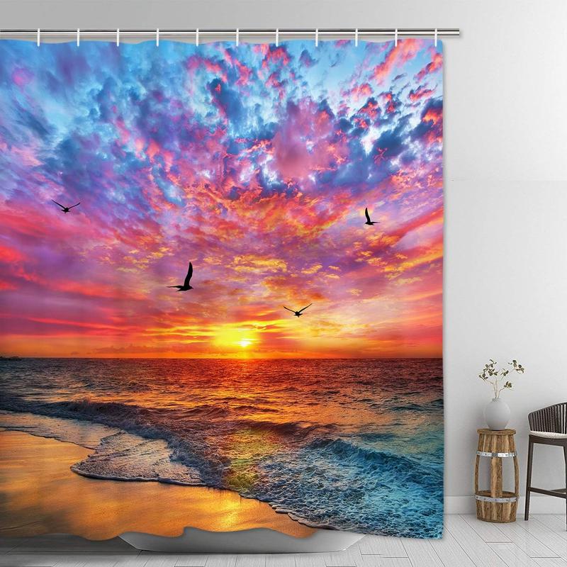 Alishomtll Beach Shower Curtain Seagull Seaside Shower Curtain with 12 Hooks, Sunset Ocean Waves Shower Curtain Blue Sky Coastal Sun Rays Shower Curtain for Bathroom