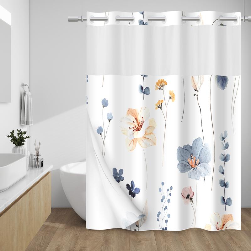 PUNKRAY No Hook Shower Curtain with Snap in Liner -  Fabric Waterproof Inner Liner, Plants Blue Beige Flowers White Cloth Shower Curtains Washable, 71 x 74 Inch / 71 x 86 Inch - Watercolor Floral Shower Curtain