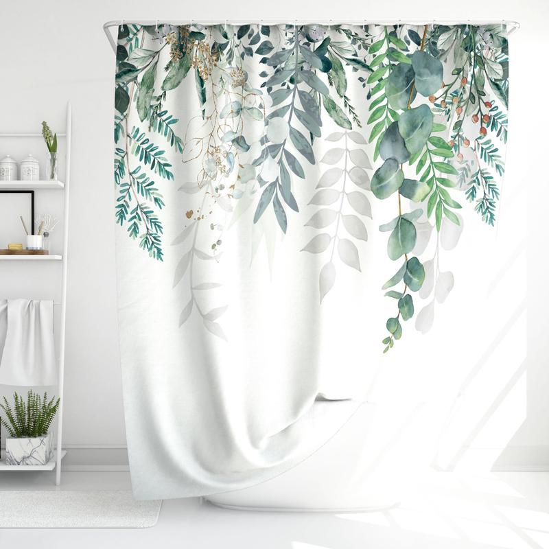 Plants Pattern Shower Curtain, 1 Piece Waterproof Shower Curtain With 12pcs Hook Without Rod, Decorative Bathroom Curtain