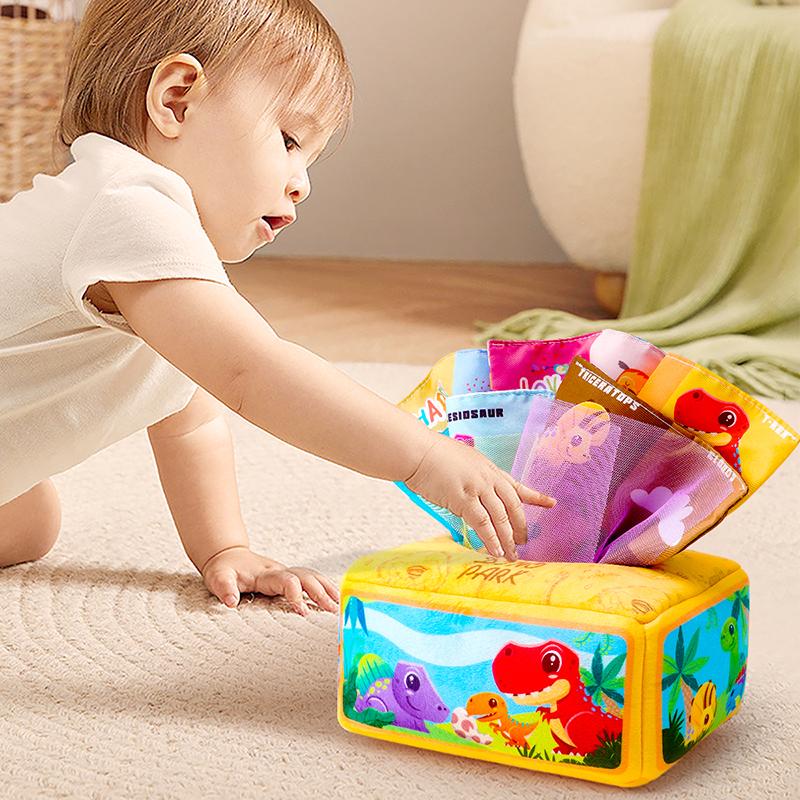 1count Baby Tissue Box - Montessori Infant Toys 5 Months Baby Tissue Box Learning Toy, Infant And Toddler Educational Toys With 3 Rattle Cloths And 10 Saran Wraps