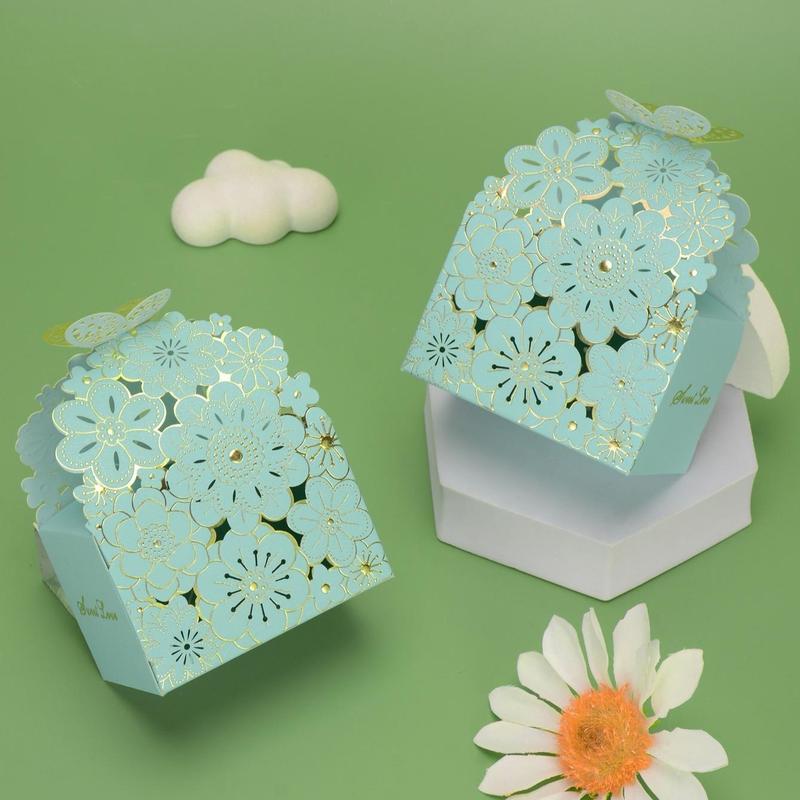 Flower & Butterfly Design Hollow Out Candy Box, 5pcs Paper Candy Packaging Box, Creative DIY Small Gift Box, Spring Theme Party Decoration Supplies