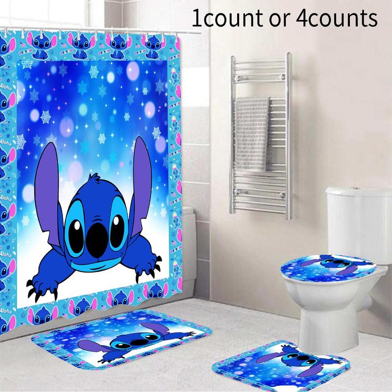 Cartoon Stitch Pattern Bathroom Curtain with 12 Hooks, 1 Count Waterproof Shower Curtain or 4 Counts/set Curtain & Mat Set, Home Decor Supplies