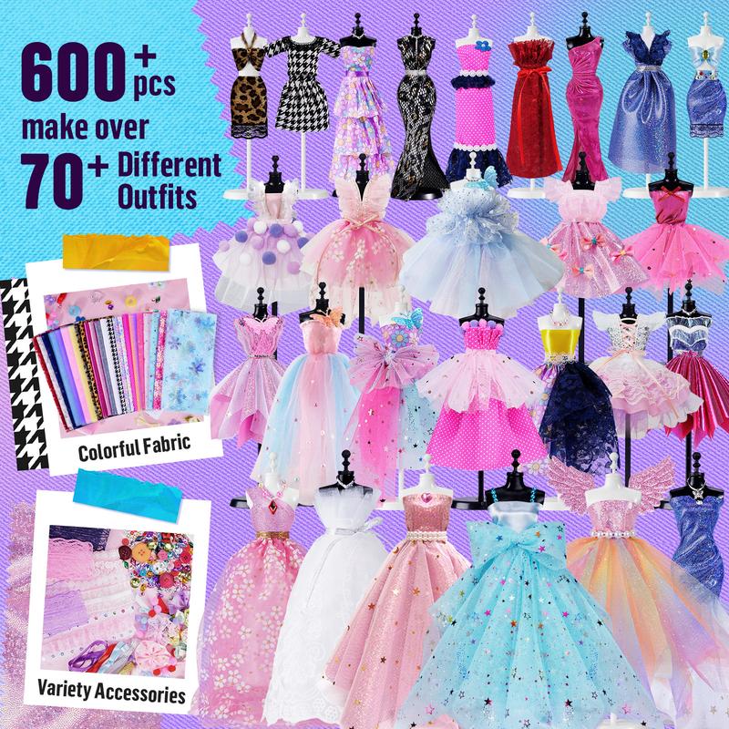 600+Pcs - Fashion Designer Kit for Girls with 5 Mannequins - Arts and Crafts Kit- Sewing Kit for Kid Ages 8-12 -Girls Gift Age 6 7 8 9 10 11 12