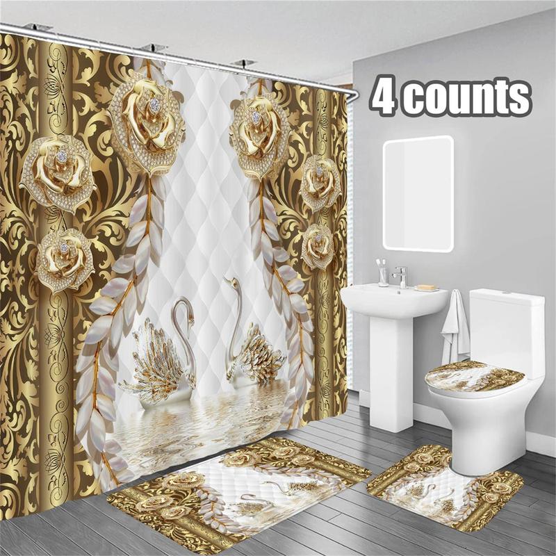 Swan Pattern Shower Curtain Set, 1 Count Shower Curtain with 12pcs Hooks & 1 Count U Shape Toilet Seat & 1 Count Bathroom Mat & 1 Count Toilet Seat Seat