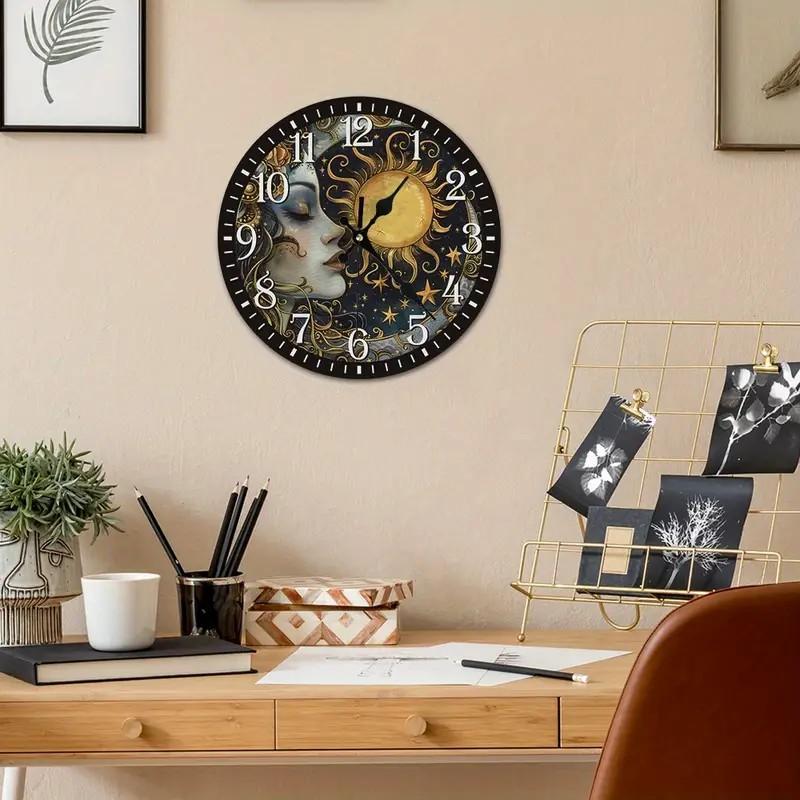 Putuo Decor 1pc Round Wall Clock Wooden Hanging Decoration with Sun and Moon Element, Wall Art Decor for Home Farmhouse Office Studio Living Room Cafe Coffee Shop Bar Pub Club, Gift