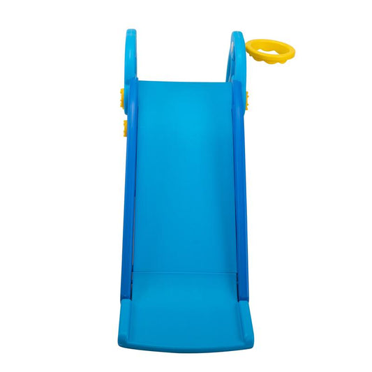 L:27.17inch,The Sky blue slide,It is composed of HDPE and ABS,The product has two pedals,two dolphin handrails,and two slide handrails constitute.