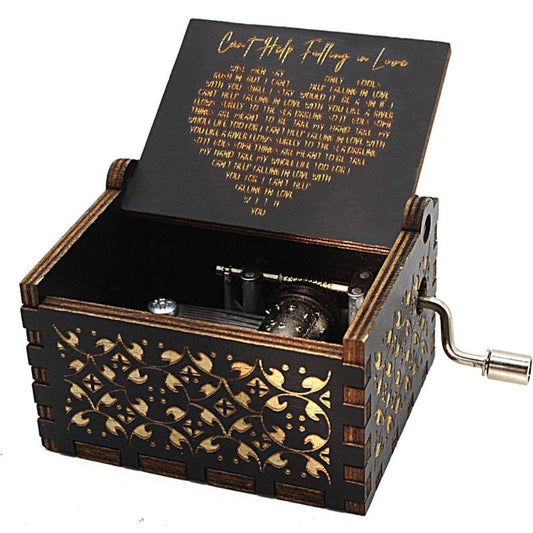 Can't Help Falling in Love Wood Music Box, Antique Engraved Musical Boxes Case for Love One Wooden Music Box - Gifts for Lover, Boyfriend, Girlfriend, Husband, Wife (BLACK)