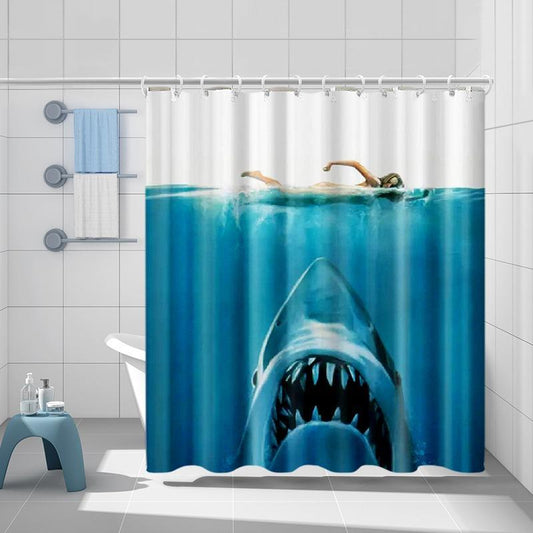 Punch-free Shower Curtain, 1 Count Shark Pattern Waterproof Shower Curtain, Bathroom Shower Curtain with Hooks