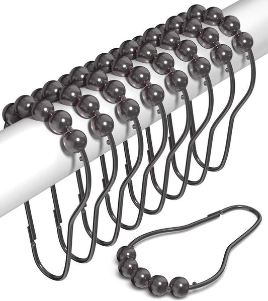 Oil Rubbed Bronze Shower Curtain Hooks Rust Proof (Set of 12) - Stainless Steel Shower Curtain Rings with Effortless Gliding Roller Balls - Easy to Install Bathroom Hooks for Shower Curtain