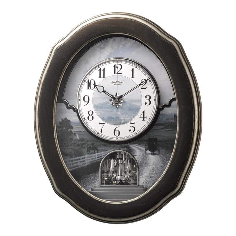 "Joyful Homestead II" RHYTHM Small World Magic Motion Musical Wall Clock - Animated dial, Rotating crystal pendulum, Wooden case, Hourly music, 30 total melodies, Automatic night shut-off