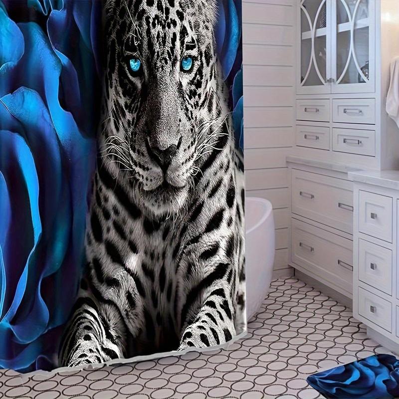 Leopard & Rose Pattern Bathroom Accessories (4 Counts), Including Waterproof Shower Curtain, Toilet Lid Cover, Mat & U-shaped Mat, Summer Fathers Day Gift