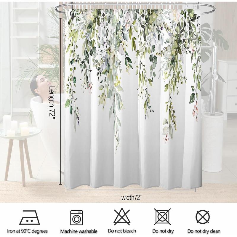 Sage Green Eucalyptus Shower Curtain Sets,Spring Watercolor Plant Leaves Floral Bathroom Curtains,Modern Minimalist Bath Curtain, Waterproof Fabric with 12 Hooks 72x72 Inches Flower