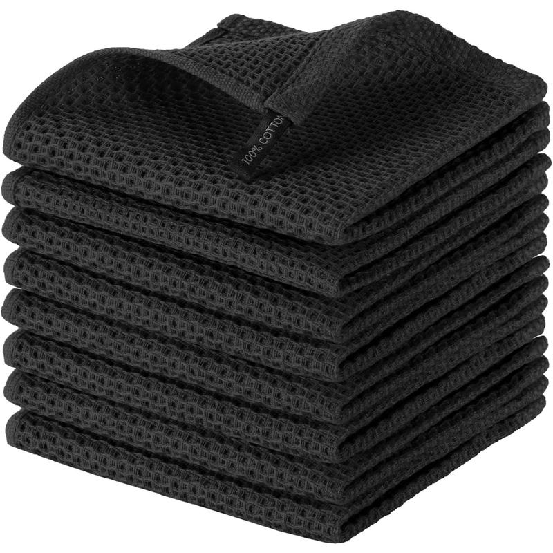 joybest Cotton Kitchen Dish Cloths, 8-Pack Waffle Weave Ultra Soft Absorbent Dish Towels Washcloths Quick Drying Dish Rags, 12x12 Inches, Black