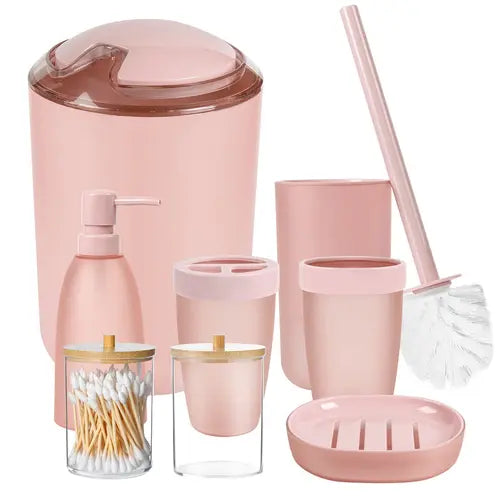 8PCS Pink Bathroom Accessories Set - with Trash Can,Toilet Brush,Toothbrush Holder, Lotion Soap Dispenser, Soap Dish,Toothbrush Cup,Qtip Holder