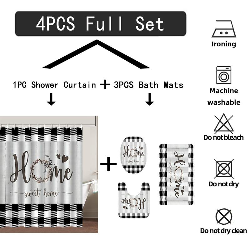 Plaid & Letter Pattern Decorative Bathroom Home Decor Set, 4counts Modern Non-slip Bathroom Decoration Set Including Water Proof Bath Curtain, Toilet Lid Mat & Bath Mat, Bath Rugs, Summer Bathroom Accessories, Household Bundle