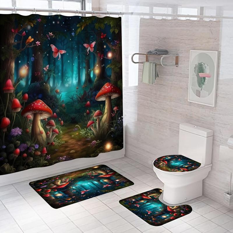 Forest & Mushroom Pattern Bathroom Decor Set, 4 Counts Non-slip Bath Mat & U-shaped Commode Contour Rug & Toilet Lid Mat & Shower Curtain with 12 Hooks, Bathroom Accessories