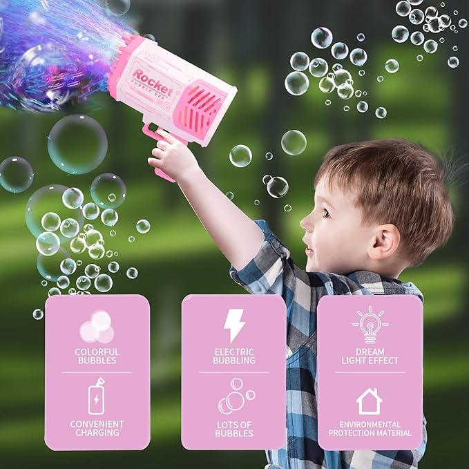 Rocket Bubble Machine Toy | Bubble Machine Blower Machine for Kids & Adults | Giant Bubble Maker with Lights | Ideal for Indoor & Outdoor Play | 69 Holes & Charging Cable