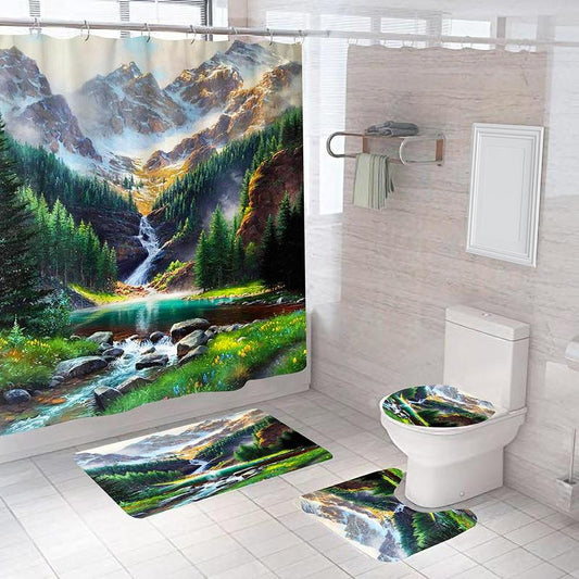 Mountain Landscape Pattern Bathroom Decoration Set, 4pcs/set Simple Waterproof Shower Curtain & Rug & Toilet Lid Cover & Mat, Including 12pcs Hooks, Bathroom Decoration Supplies, Bathroom Supplies