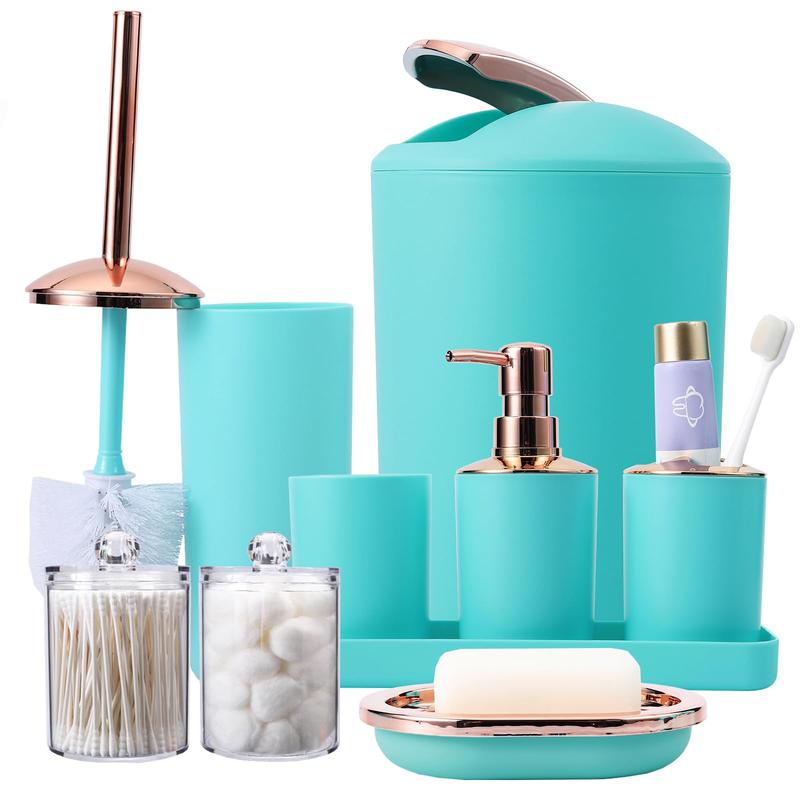 9-Piece Teal Bathroom Accessories Set - Trash Can, Soap Dispenser, Soap Dish, Toilet Brush, Toothbrush Holder, Mouthwash Cup, Tray, Qtip Dispenser & Holder Box Cleaning Minimalist Removable Resistance Waterproof