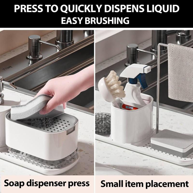 Kitchen Soap Dispenser Set with Tray and Sponge Holder, Dish and Hand Soap Dispenser with Dishcloth Holder 3-in-1 Kitchen Sink Countertop Storage Organizer,Includes Dish Towel and Sponge(White)