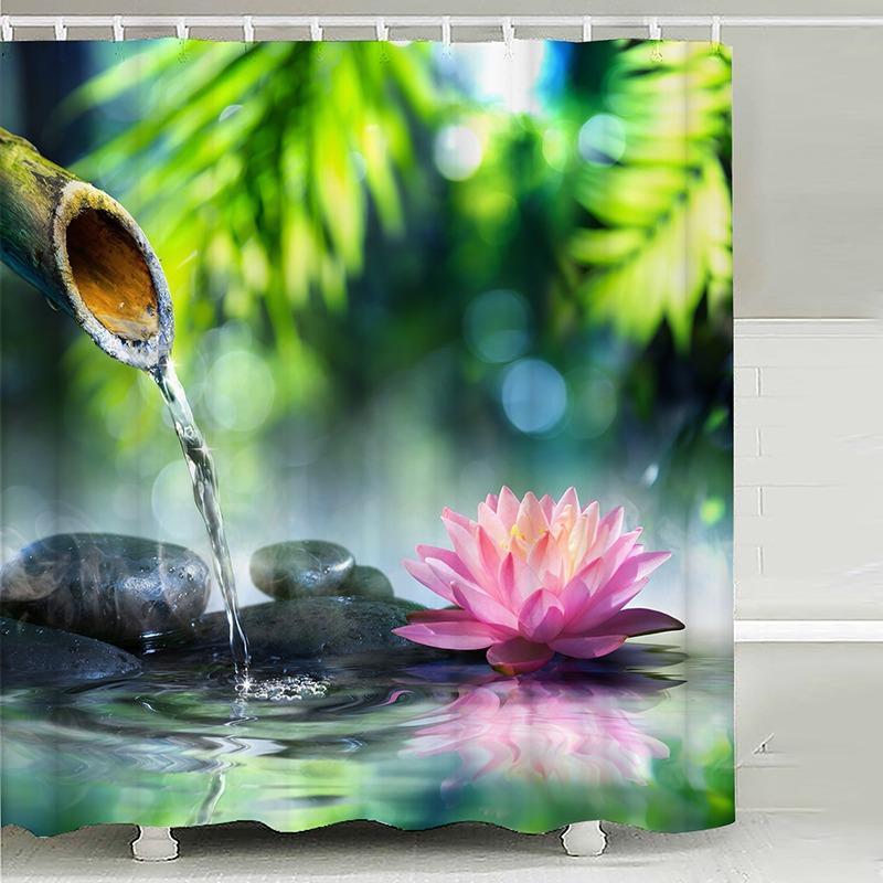 1 Piece Lotus & Lake Pattern Shower Curtain, Waterproof Bathroom Shower Curtain, Bathroom Accessories