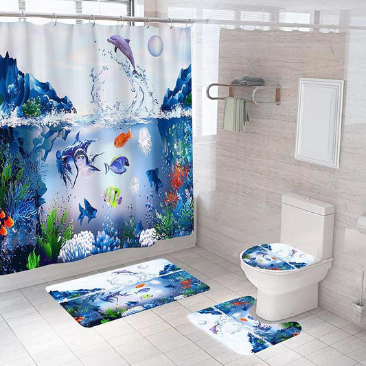 Underwater World Pattern Bathroom Shower Set, 4 Counts/set Including 1 Bathroom Curtain, 1 U-shaped Contour Toilet Mat, 1 Bath Mat, 1 Toilet Lid Seat Cover