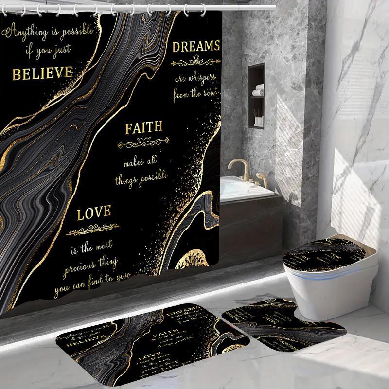 Marble & Letter Bathroom Set (4 Counts), Including 1 Waterproof Shower Curtain (with 12 Hooks), 1 Toilet Lid Cover, 1 Rectangular Mat & 1 U-shaped Mat