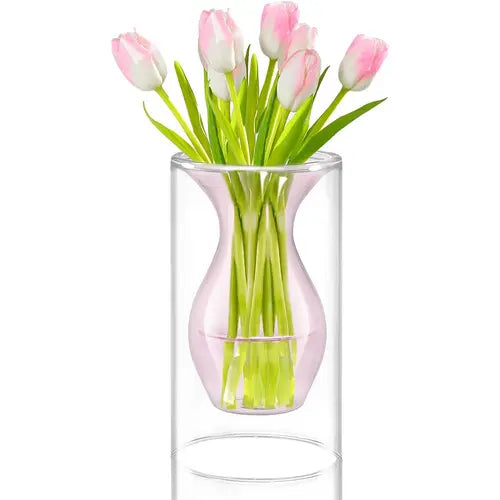 Pink Small Flower Vase, Double Hollow Floating Clear Glass Vase, Modern Decorative Vase Bud Vase for Home Small Bouquet, Wedding Centerpieces Ornaments